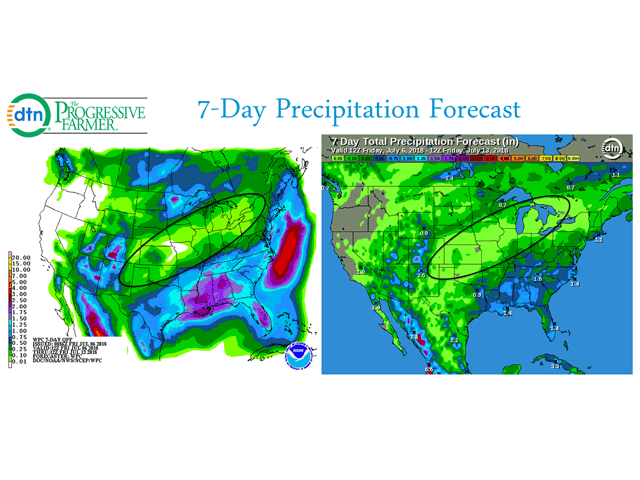 NOAA and DTN forecast precipitation charts give a strong suggestion of only light totals for the central U.S. through mid-July. (DTN Video graphic)