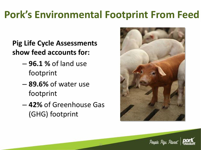 Despite statistics showing pork production has become much more energy and water-efficient over the past 50 years, the pork industry is now being confronted more with questions about inputs used for feed ingredients. (Slide courtesy of National Pork Board)
