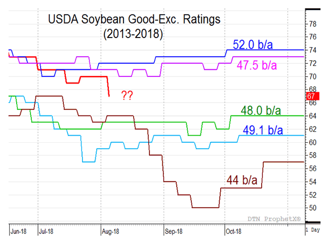 U.S. soybean ratings declined by three percentage points on the good to excellent total, but are still showing some promising numbers for yield relative to the previous five seasons. (DTN ProphetX graphic)