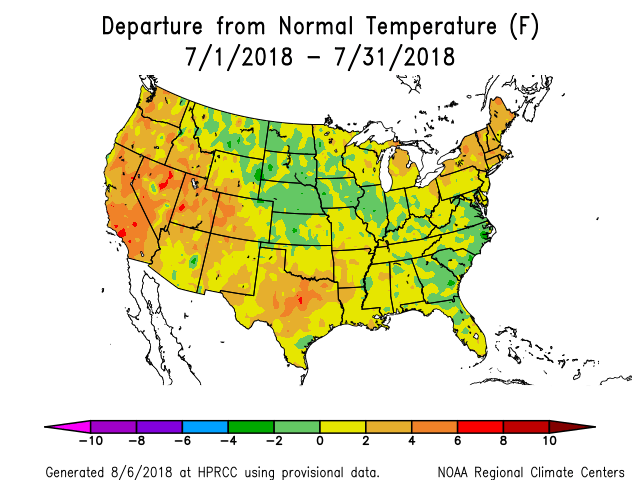 Thanks to a sharp cooling trend in the last half of the month, July temperatures over most of the Corn Belt finished below normal and were beneficial for corn and soybean reproductive phases. (High Plains Regional Climate Center graphic)