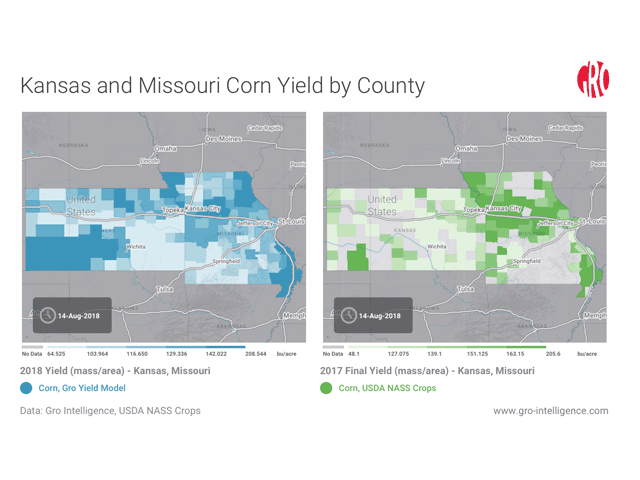 The effects of drought in Kansas and Missouri are clear, with darker areas displaying higher yields and lighter areas reflecting lower yields this season. See an interactive map here: https://app.gro-intelligence.com/#/displays/26338 (Map courtesy of Gro Intelligence)