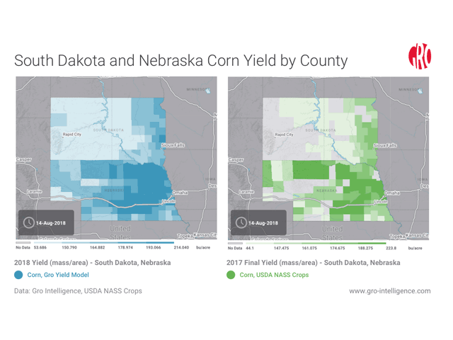 Crops in Nebraska and South Dakota have benefited from favorable rain and temperature patterns, with the areas shaded in dark blue and green reflecting the highest-yielding areas. Click here for an interactive map: https://app.gro-intelligence.com/#/displays/26353 (Map courtesy of Gro Intelligence)