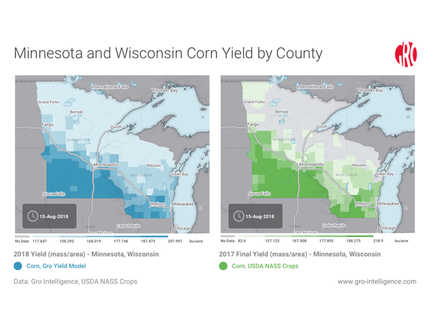 Crops in Minnesota and Wisconsin benefited from good rainfall in the early part of the growing season, but their fortunes diverged in July. Areas shaded in dark blue show the highest yield potential. Click here for an interactive map that also includes Ohio https://app.gro-intelligence.com/#/displays/26359 (Map Courtesy of Gro Intelligence)