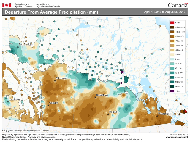 Much of the Canadian Prairies have precipitation deficits since April 1 of 75 to 100 millimeters (5 to 8 inches). (AAFC graphic)