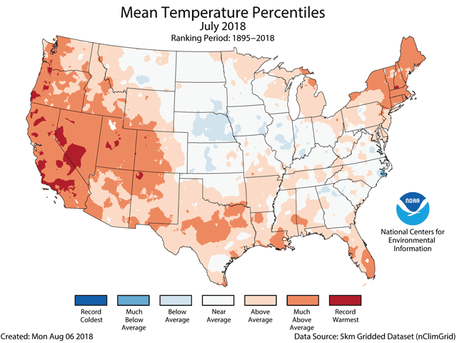 Most of the central U.S. had near to below-normal temperatures in July, with record warmth in the west and well-above-normal conditions in the south and northeast. (NCEI graphic)