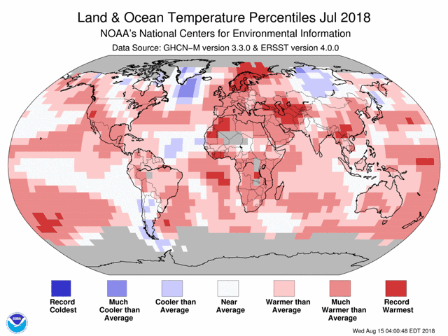 Even though this is not an El Nino year, global warmth was astounding in July 2018. (NCEI graphic)