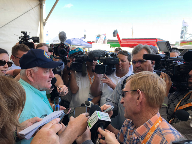 Agriculture Secretary Sonny Perdue talks to a bevy of agriculture reporters Wednesday afternoon with questions mostly focusing on biofuels and trade challenges. (DTN photo by Chris Clayton)
