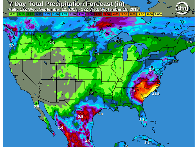 Little to no rain is forecast over the central and eastern Midwest during the next week, improving conditions for harvest. (DTN graphic)