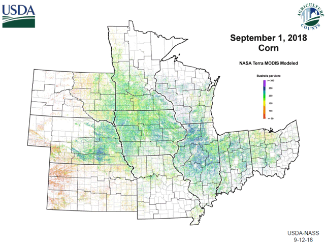 The Terra MODIS yield model shows some impressive clusters of 250-to-300-bushel-per-acre yields in Nebraska and Illinois. You can also pick out the flood-stressed areas in Minnesota and Iowa and the drought areas in Kansas and Missouri. (USDA NASS graphic)
