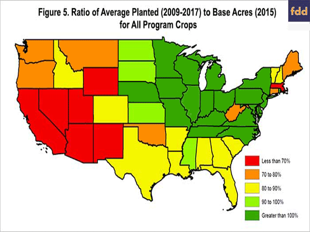 A map created by Farmdocdaily shows states with the most potential loss of base acres under a provision in the House version of the farm bill. (map by University of Illinois Extension)