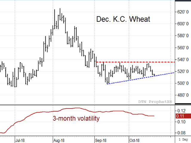 Wheat prices showed some excitement in late July and early August, but the rally spurred by news of dry weather in Europe did not last long. More recently, prices have congested in a wedge formation as prices slowly head toward a less volatile time of year (DTN ProphetX chart).