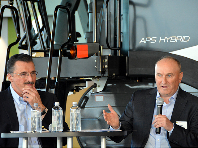 Dennis Slater (left), president of the Association of Equipment Manufacturers, and Leif Magnusson, president of CLAAS Global Sales America Inc., talk about trade, tariffs and infrastructure at a roundtable discussion Tuesday at CLAAS&#039; headquarters for North American operations in Omaha. (DTN photo by Chris Clayton)