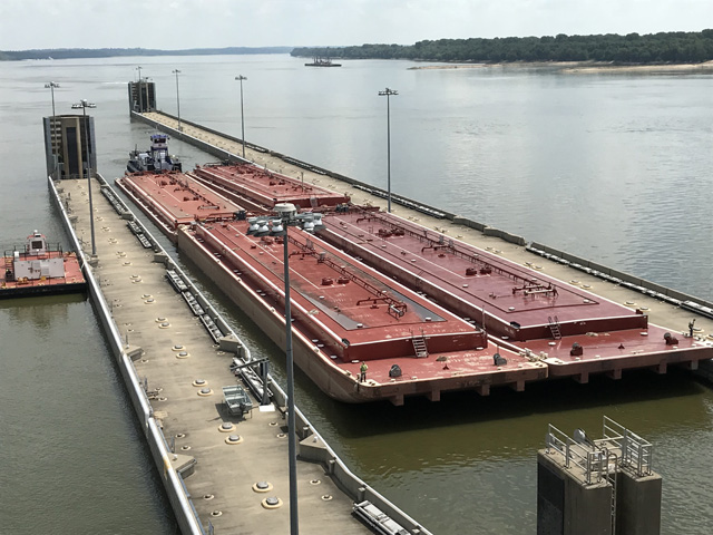 The brand-new Olmsted Locks and Dam, 17 miles upstream from the confluence of the Ohio and Mississippi Rivers, was dedicated on Aug. 30, 2018, after 30 years of construction. It is the largest civil works project in the history of the U.S. Army Corps of Engineers. (Photo courtesy of the U.S. Army Corps of Engineers)