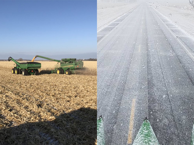 On Nov. 15, the day started out perfectly for harvest in Roslyn, South Dakota. Later in the day, the weather changed from sunny to snowy, chasing farmers out of the fields -- a typical story for many this harvest season. (Photo by Ryan Wagner)