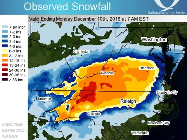 Record-breaking snow Dec. 8-10 occurred from Tennessee across North Carolina and Virginia. Areas in red received over 18 inches of snow in 48 hours. (NOAA graphic)  