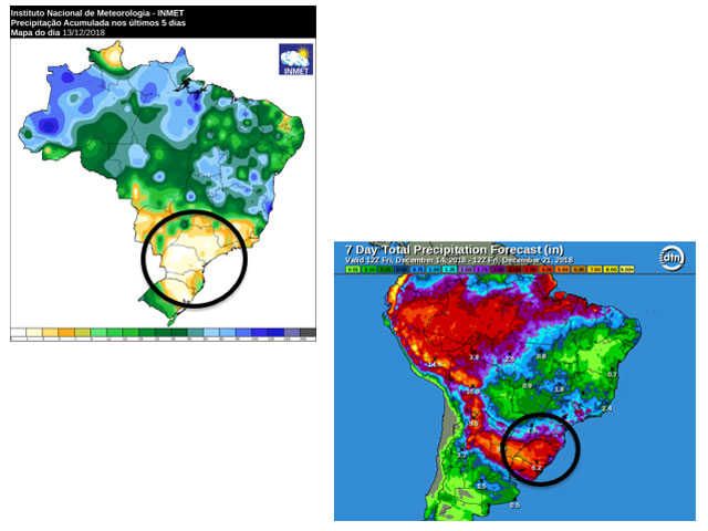 The week of Dec. 7-14 was completely dry in south-central Brazil. Forecast precipitation offers light to locally moderate amounts over the next seven days. (INMET/DTN combined graphic)