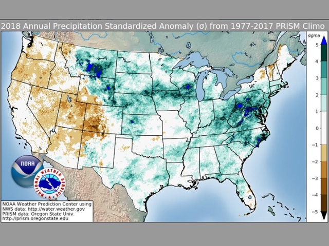 The 2018 standard deviations from the 40-year (1977-to-2017) mean precipitation values show a dramatic contrast between plentiful moisture central and east -- and far below the mean west. (NOAA graphic)