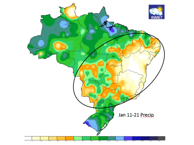 Most crop areas in Brazil received no more than 4 inches of rain over the Jan 11-21 time frame. The average is around 3 inches per week. (Brazil Meteorological Institute graphic)