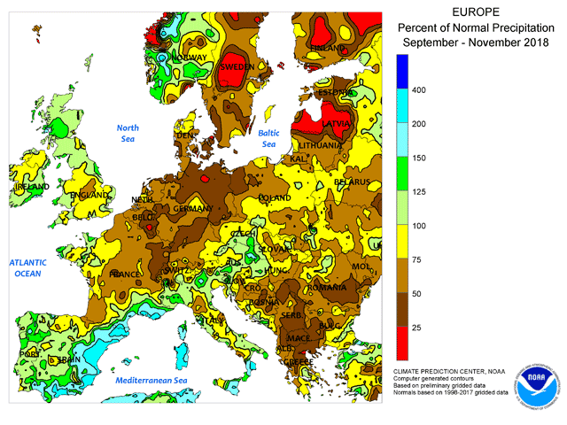 Very dry conditions in central Europe last crop season continued during the fall months with many seeing well-below normal rainfall. (Climate Prediction Center, NOAA graphic)