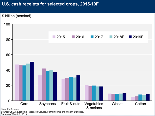 Cash receipts for corn, fruits and nuts, vegetables, wheat and cotton are all expected to rise for 2019, but soybean cash receipts are expected to fall $2.6 billion, or about 6.6%, on lower prices and sales volume. (Chart courtesy of USDA Economic Research Service) 