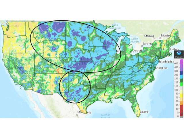 Since Oct. 1, most of the Plains and western Midwest have had precipitation totals from 200% to almost 500% above normal. (NOAA graphic)