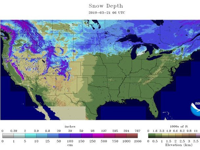 Snow depth Thursday, March 21, 2019, ranged from 25 centimeters to more than 50 centimeters (10 to 20 inches) in the eastern Dakotas, northwest Minnesota and southeast Manitoba. (NOAA graphic)   