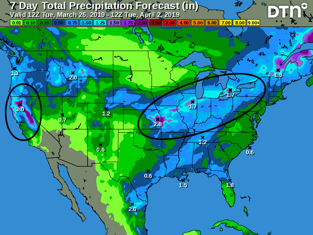 Rainfall forecasts through the final days of March into early April feature moderate to heavy amounts in much of the Midwest along with the Far West. (DTN graphic)