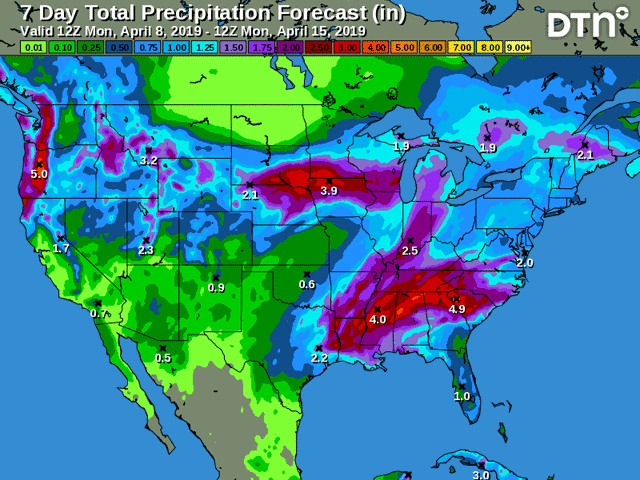The DTN seven-day precipitation forecast shows heavy precipitation for the Midwest and Delta regions that will slow or delay fieldwork, as well as increase flooding concerns for some areas. (DTN graphic)