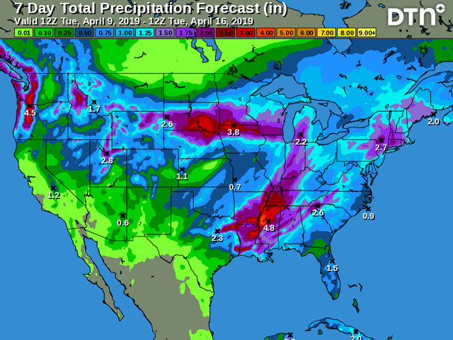 The seven-day precipitation outlook highlights the impact of the storms in keeping farmers out of the fields in the Midwest. (DTN graphic)