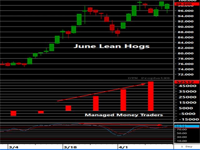 June lean hogs have continued their rally, but the most recent leg has featured slowing momentum as prices have ascended to new highs. In addition, the build up of the net-long positions by managed fund traders remains a caution flag as prices sit at contract highs. (DTN ProphetX Chart)