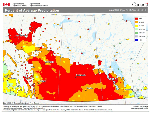In the past 60 days, most locations in the Canadian Prairies have recorded well under half the normal precipitation. (AAFC graphic)