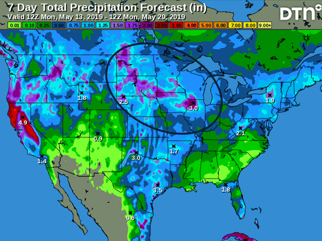 Rainfall totals over the Northern Plains and western Midwest have a return to moderate-to-heavy categories for the seven-day period ending Monday, May 20. (DTN graphic)  