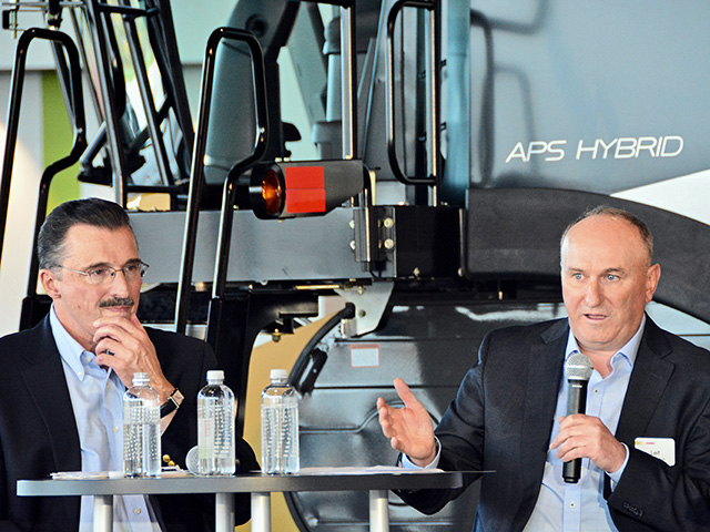 Dennis Slater (left), president of the Association of Equipment Manufacturers, and Leif Magnusson, president of CLAAS Global Sales America Inc., discuss trade, tariffs and infrastructure at a round table at CLAASâ€™s headquarters for North American operations, in Omaha, Image by Chris Clayton