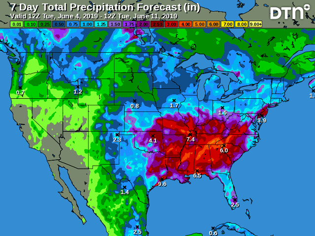 During the next seven days, rainfall will be more limited in the northwest Midwest and Northern Plains while remaining quite active in the southern and eastern Midwest, Southern Plains, Delta and Southeast states. (DTN graphic)