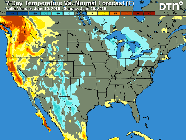Seven-day forecast temperature trends through Sunday, June 16, maintain a near- to below-normal trend over the primary U.S. crop areas. (DTN graphic)