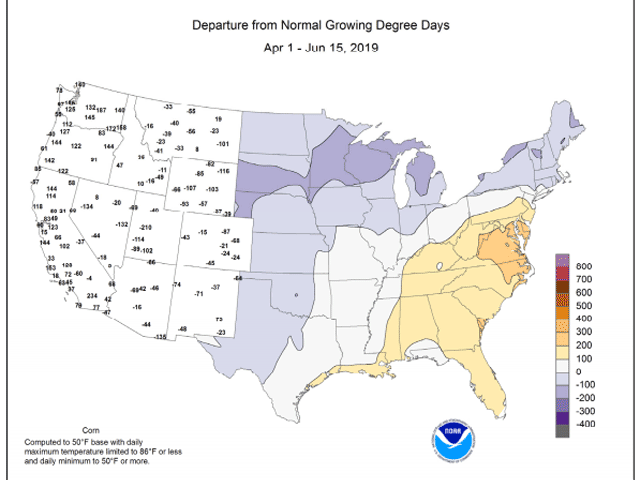 GrowingÂ¬-degree-day totals are already running well behind average, due to the very cool temperature trend of spring 2019. (NOAA graphic) 