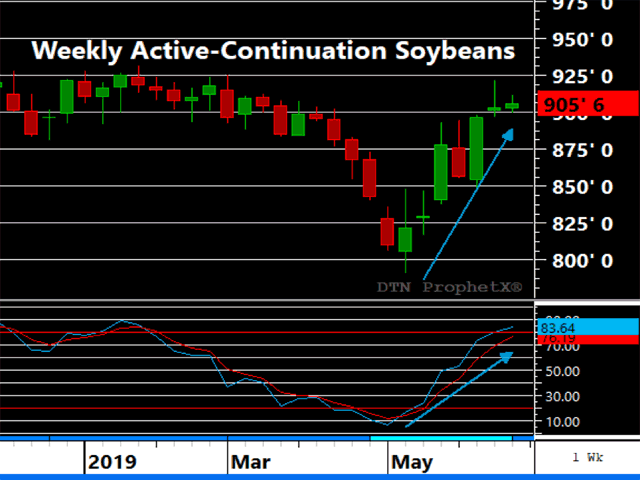 The weekly chart of the most active contract of soybeans above shows a strong move in both price and momentum, neither of which are showing signs of slowing or diverging on this time scale. If this is indeed wave one, the soybean move could still be in the very early stages. (DTN ProphetX Chart)