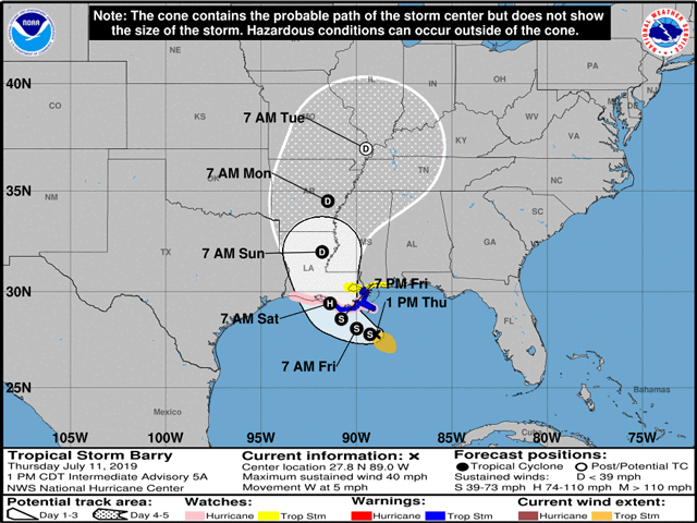 National Hurricane Center forecasts place the track of Tropical Storm Barry due north through the Mississippi Delta. (National Hurricane Center graphic)
