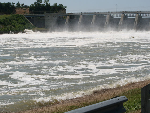 Water flows out of the Gavins Point Dam spillway during the height of the 2011 flood. This year, the spillway has been releasing high volumes of water since mid-March into the river and remains at 70,000 cubic feet per second, more than double the normal release volumes for this time of year. (DTN photo by Chris Clayton)