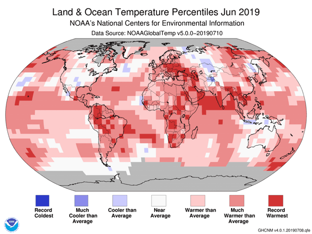 Many areas of the world had record-high temperatures in June 2019. There were no areas with record lows for the month. (NOAA graphic)