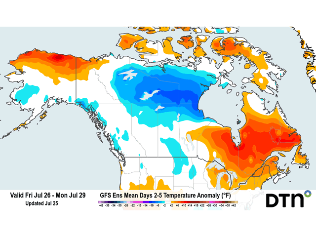 This graphic shows the expected departures from normal temperature for the Canadian Prairies region during the two-to-five-day period. (DTN graphic)