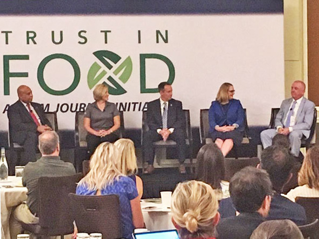 From left, Dana Bolden of Corteva Agriscience; Heather Hampton-Knodle, an Illinois farmer, Craig LeSchack of Ducks Unlimited; Molly Fogarty of NestlÃ© USA, and Jon Doggett of the National Corn Growers Association discuss American views on food at a conference on Friday sponsored by the Farm Journal Foundation at the Mandarin Oriental Hotel. (Photo by Jerry Hagstrom)