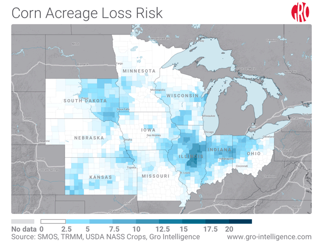 This map shows the concentration of corn acreage at risk of prevented planting, with South Dakota, Illinois, Indiana and Ohio showing the largest impact of wet weather this past spring. (Map courtesy of Gro Intelligence)