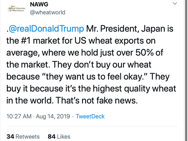 The National Association of Wheat Growers fired back at President Donald Trump on Wednesday after the president made comments at a rally that the U.S. buys cars from Japan, but Japan just buys wheat. (Image from Twitter)