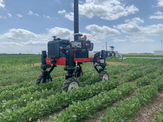 The Flex-Ro, short for Flexible Robot, made its first appearance in a one-acre test plot this spring at the University of Nebraska-Lincoln (UNL). The robot, which can be controlled remotely or can be autonomous, could aid in crop scouting and even in various field operations such as spot spraying, weeding and planting in the future. (Photo courtesy Dr. Santosh Pitla, UNL)