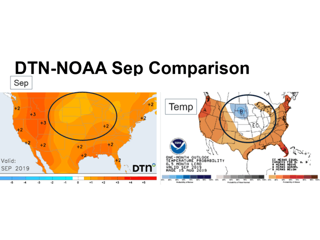 DTN September temperature forecasts (left) indicate a milder trend for the late crop season compared with NOAA predictions (right). (DTN graphic) 