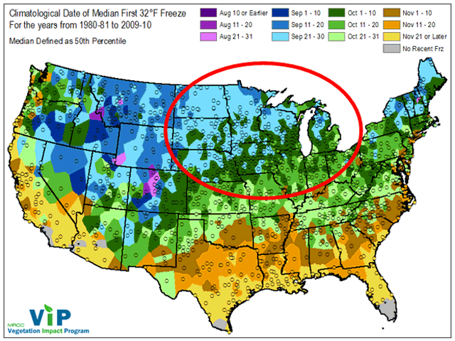 All northern and central U.S. crop areas face a threat of row crop damage from even an average first freeze in fall 2019. (Vegetation Impact Program graphic)