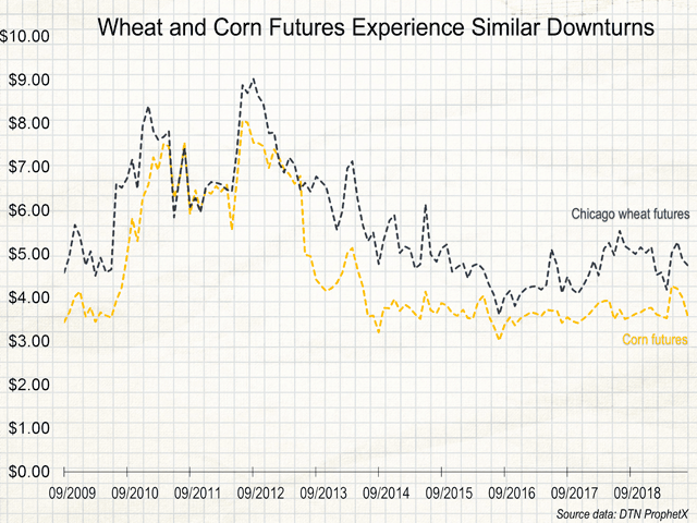 The overall bullishness or bearishness of the feed grains sector gets reflected in both corn and wheat futures prices almost simultaneously. (Chart by Elaine Kub)
