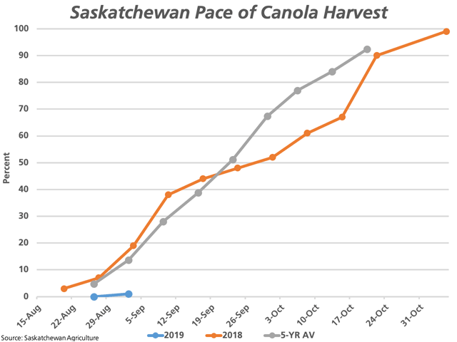 While an estimated 11% of all Saskatchewan crops are estimated to be harvested as of Sept. 2, behind the five-year average of 28%, the canola harvest is estimated at 1% complete (blue line), down from 19% in 2018 and the five-year average of 13.6%. (DTN graphic by Cliff Jamieson)
