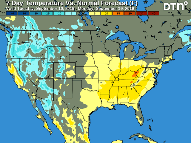 The weather outlook for the Midwest calls for mostly above-normal temperatures during the next seven to 10 days. (DTN graphic)